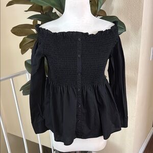 Halogen Long Sleeve Off-Shoulder Smocked Peplum Black Top Size Medium Petite
